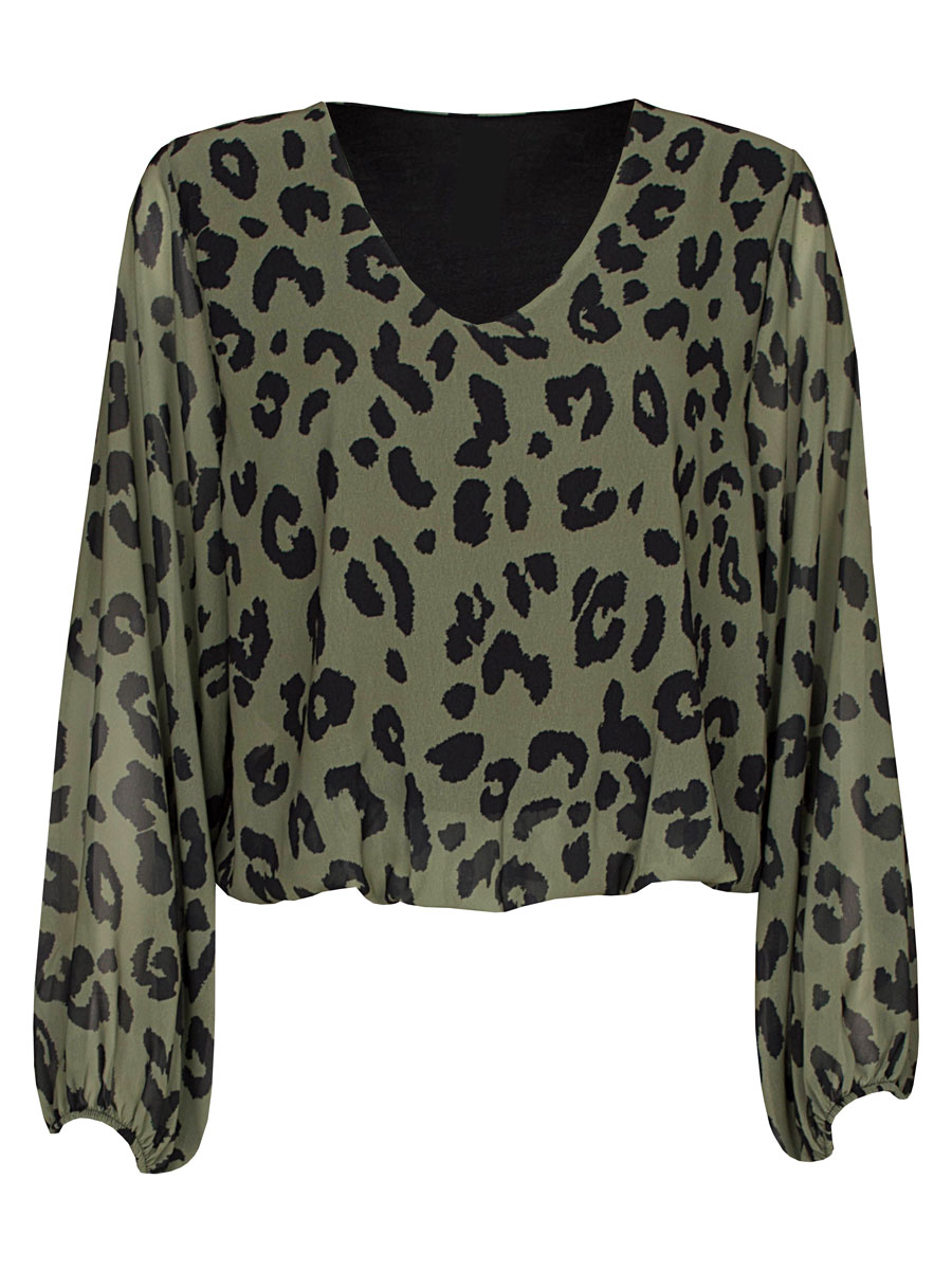 Top Blouson V-hals Cheetah Groen