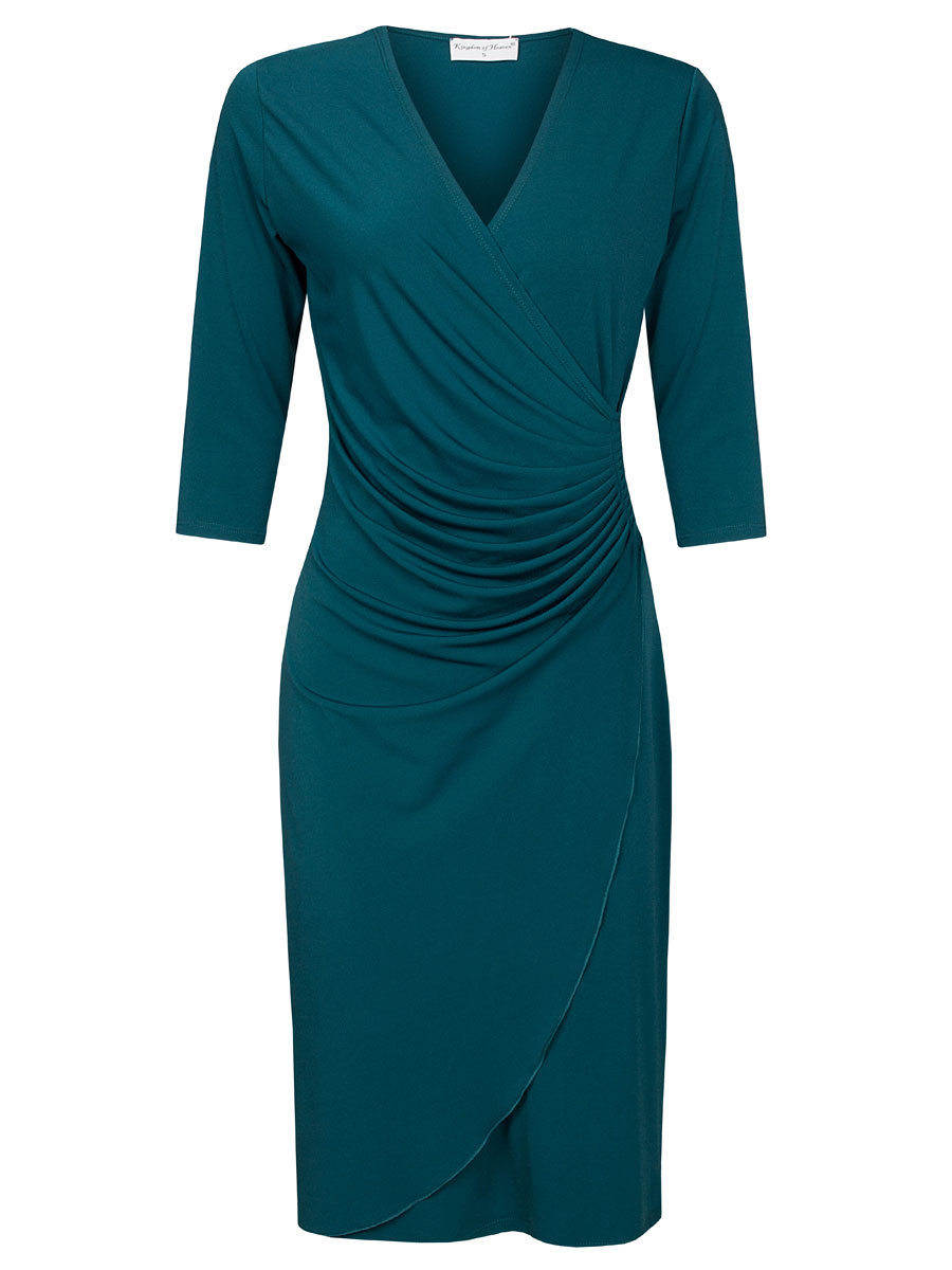 F0110346200 Jurk Geplooid Effen Petrol mw