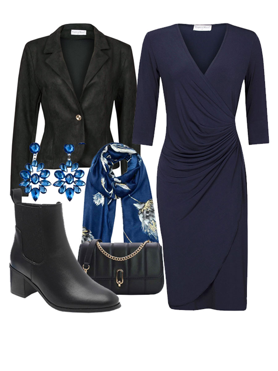 F011034313 Jurk Geplooid Effen Navy mw Shop the look