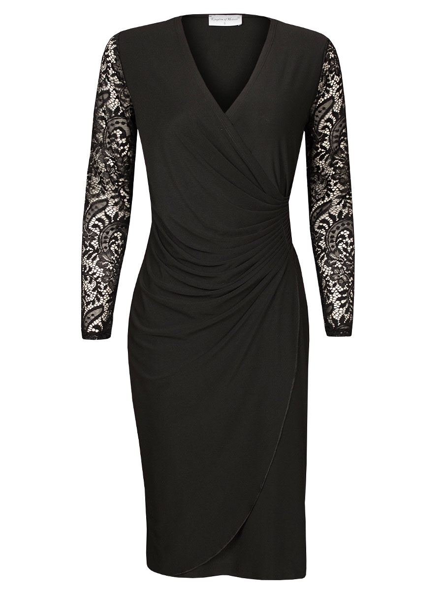 F011034860 Jurk Geplooid Kant Zwart